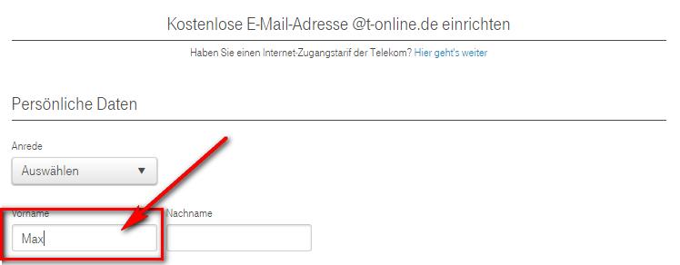 T-Online Email Konto erstellen, Anmeldung: Vorname eingeben