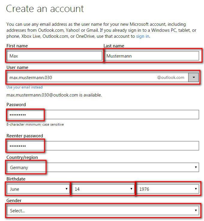 Microsoft Konto erstellen: Wunsch E-Mail Adresse und Name