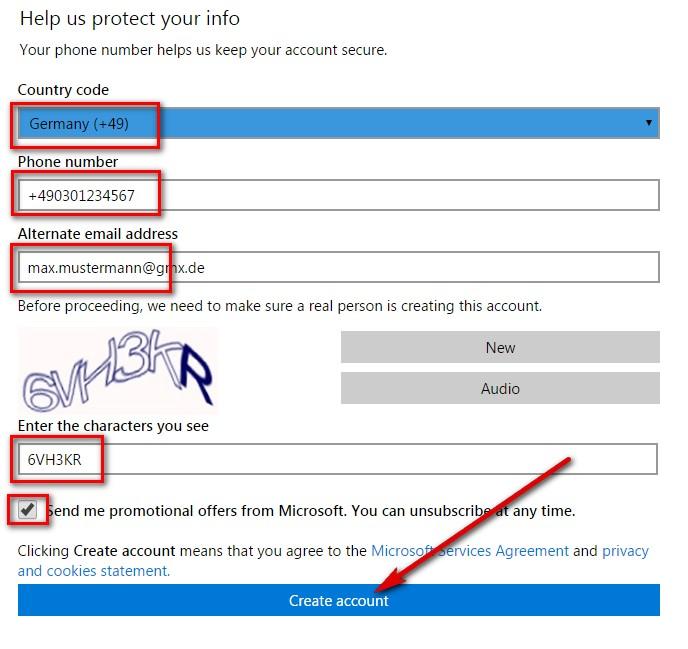Microsoft Konto erstellen: Handynummer für Passwort angeben