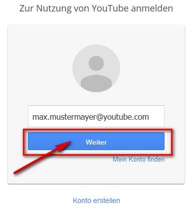 YouTube Login: Button 'weiter' klicken